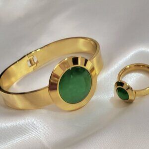 Stainless Steel Gold Plated Elegant Gold and Green Jewelry Set